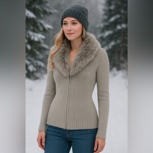 Boston Proper Fur Trimmed A-Line Zip Up Cardigan Sweater Removable Collar Size S